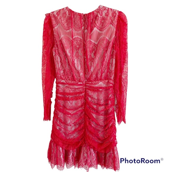 New Elliatt Rose Red Long Sleeve Ruched Lace Mini Dress Sz Small - Picture 10 of 16